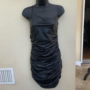 Black faux leather ruched dress